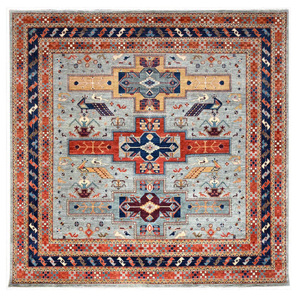 Tribal & Geometric Wool Hand Knotted Rug Grey Red 11.6X11.9 -O086415