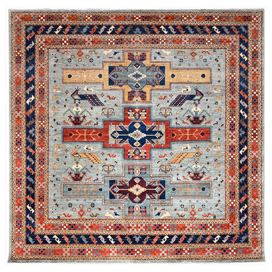 Tribal & Geometric Wool Hand Knotted Rug Grey Red 11.6X11.9 -O086415
