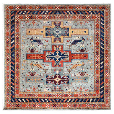 Tribal & Geometric Wool Hand Knotted Rug Grey Red 11.6X11.9 -O086415