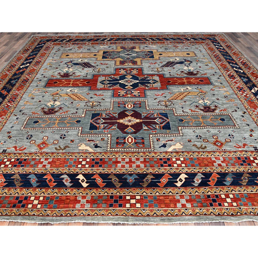 Tribal & Geometric Wool Hand Knotted Rug Grey Red 11.6X11.9 -O086415
