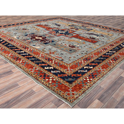 Tribal & Geometric Wool Hand Knotted Rug Grey Red 11.6X11.9 -O086415
