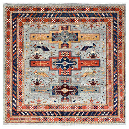 Tribal & Geometric Wool Hand Knotted Rug Grey Blue 9.9X9.10 -O086416