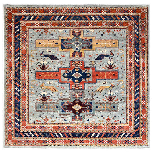 Tribal & Geometric Wool Hand Knotted Rug Grey Blue 9.9X9.10 -O086416
