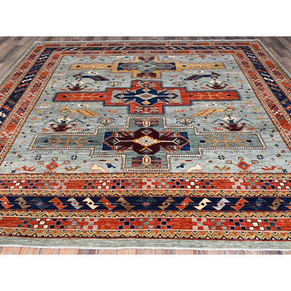 Tribal & Geometric Wool Hand Knotted Rug Grey Blue 9.9X9.10 -O086416