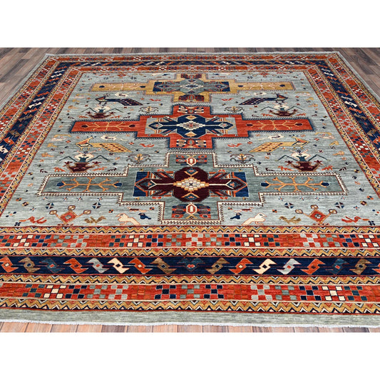 Tribal & Geometric Wool Hand Knotted Rug Grey Blue 9.9X9.10 -O086416