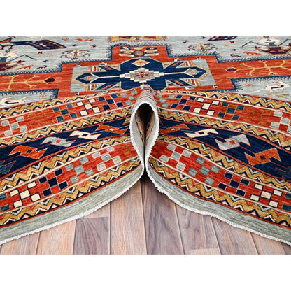 Tribal & Geometric Wool Hand Knotted Rug Grey Blue 9.9X9.10 -O086416