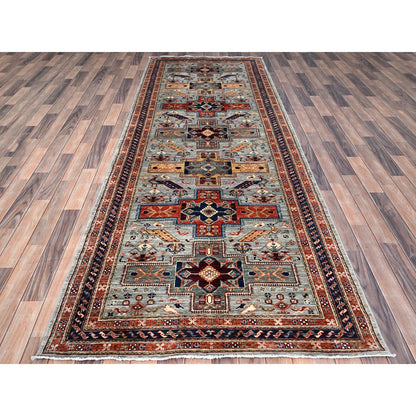Tribal & Geometric Wool Hand Knotted Rug Grey Blue 4.2X11.3 -O086418
