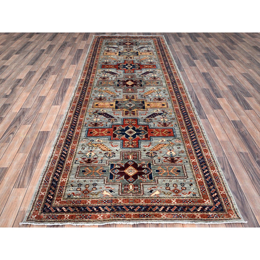 Tribal & Geometric Wool Hand Knotted Rug Grey Blue 4.2X11.3 -O086418