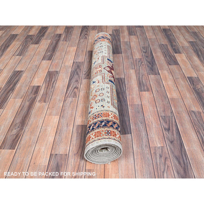 Tribal & Geometric Wool Hand Knotted Rug Grey Blue 4.2X11.3 -O086418