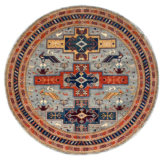 Tribal & Geometric Wool Hand Knotted Rug Grey Blue 11.5X11.9 -O086420