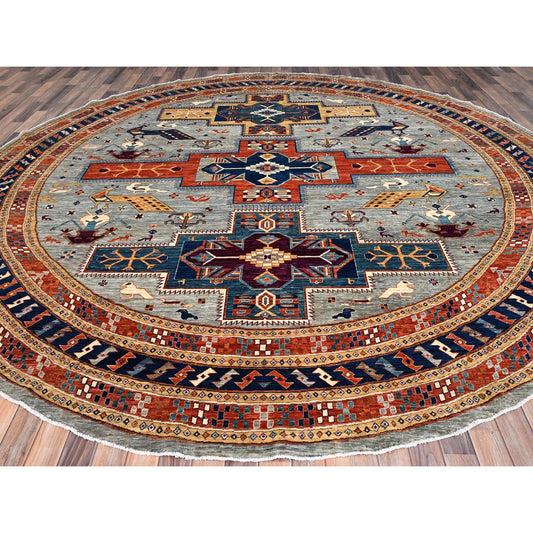Tribal & Geometric Wool Hand Knotted Rug Grey Blue 11.5X11.9 -O086420
