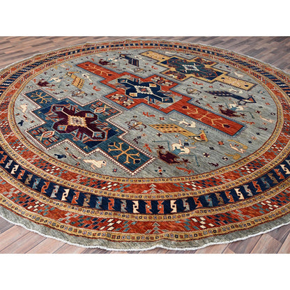 Tribal & Geometric Wool Hand Knotted Rug Grey Blue 11.5X11.9 -O086420