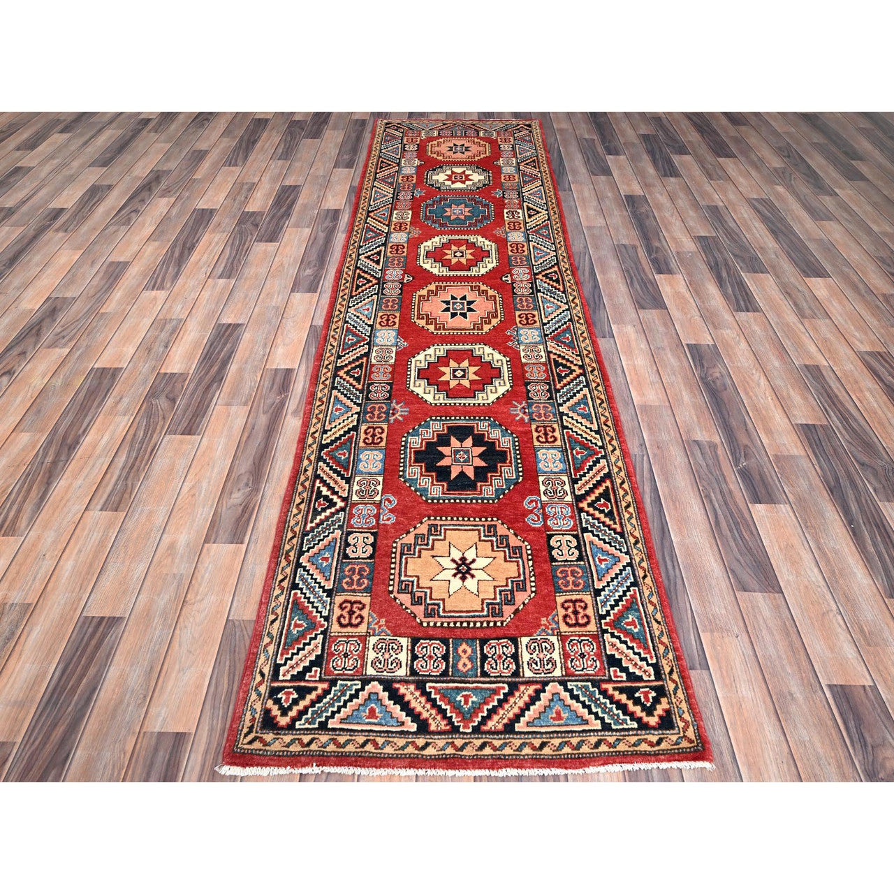 Red 2'8" x 9'9" Kazak Hand knotted Wool Rug - Sku: O086449