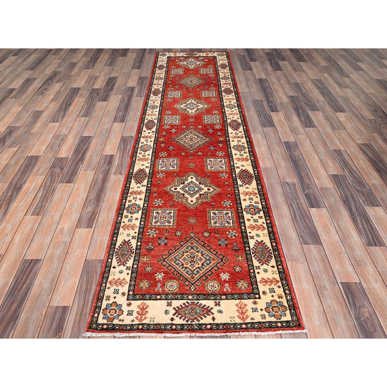 Red 2'8" x 9'6" Kazak Hand knotted Wool Rug - Sku: O086450