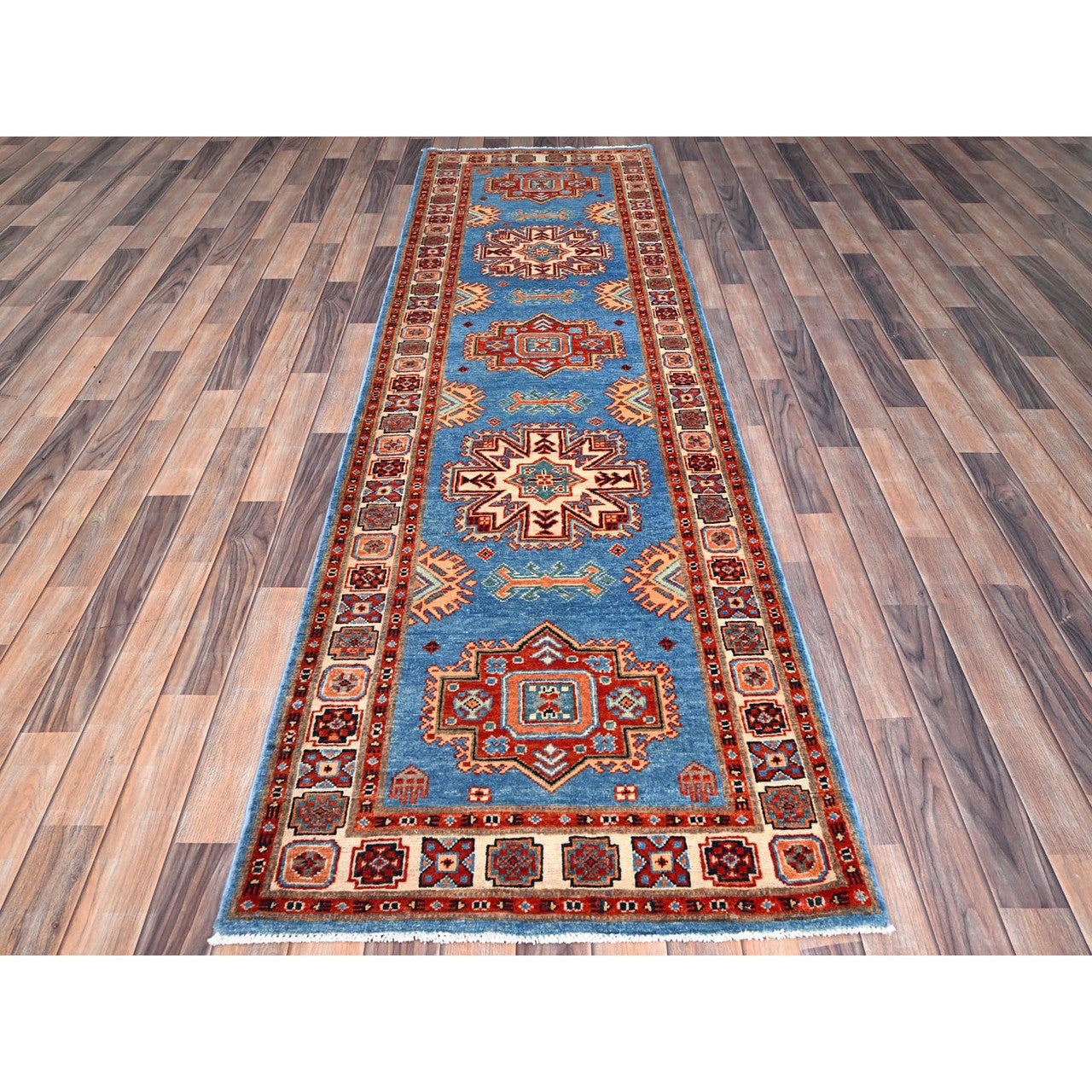 Blue 2'10" x 9'7" Kazak Hand knotted Wool Rug - Sku: O086452
