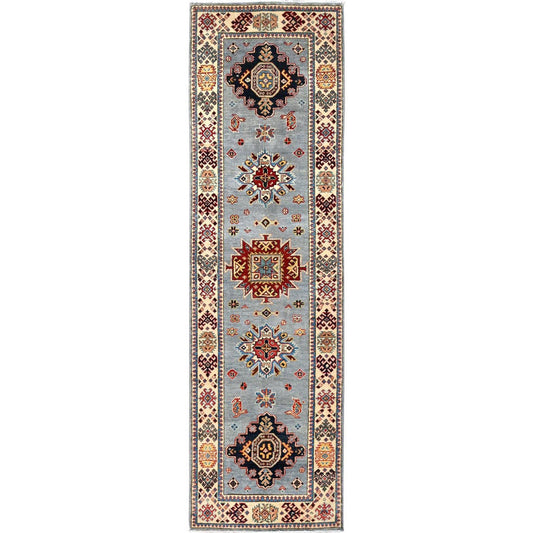 Kazak Wool Hand Knotted Rug Grey Ivory 2.9X9.8 -O086459