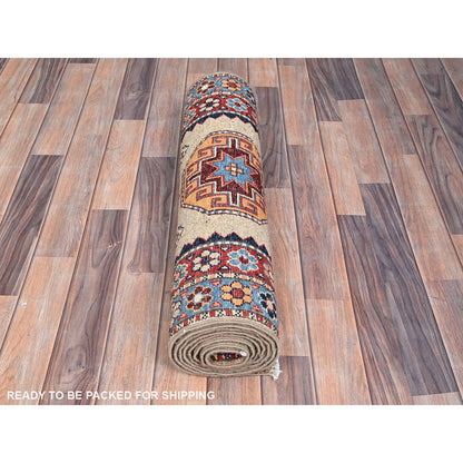 Kazak Wool Hand Knotted Rug Beige Red 2.7X9.8 -O086460