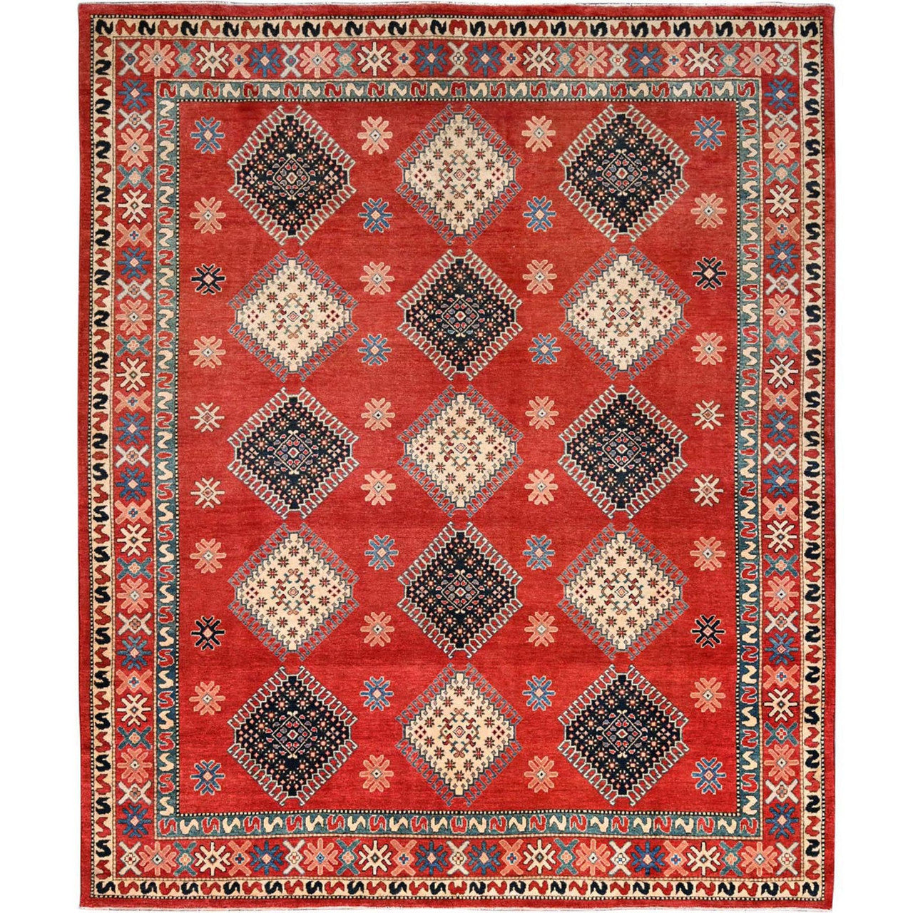 Red 8'1" x 9'9" Kazak Hand knotted Wool Rug - Sku: O086478