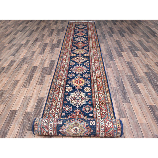 Kazak Wool Hand Knotted Rug Blue Red 2.9X26.3 -O086490