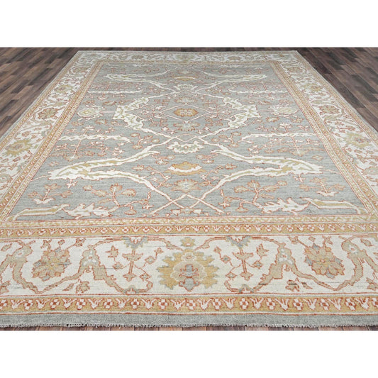 Oushak And Peshawar Wool Hand Knotted Rug Grey Ivory 10.1X13.8 -O086507