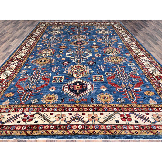 Kazak Wool Hand Knotted Rug Blue Ivory 9.11X13.8 -O086553