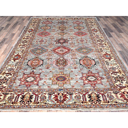 Kazak Wool Hand Knotted Rug Grey Ivory 6.1X9.6 -O086558