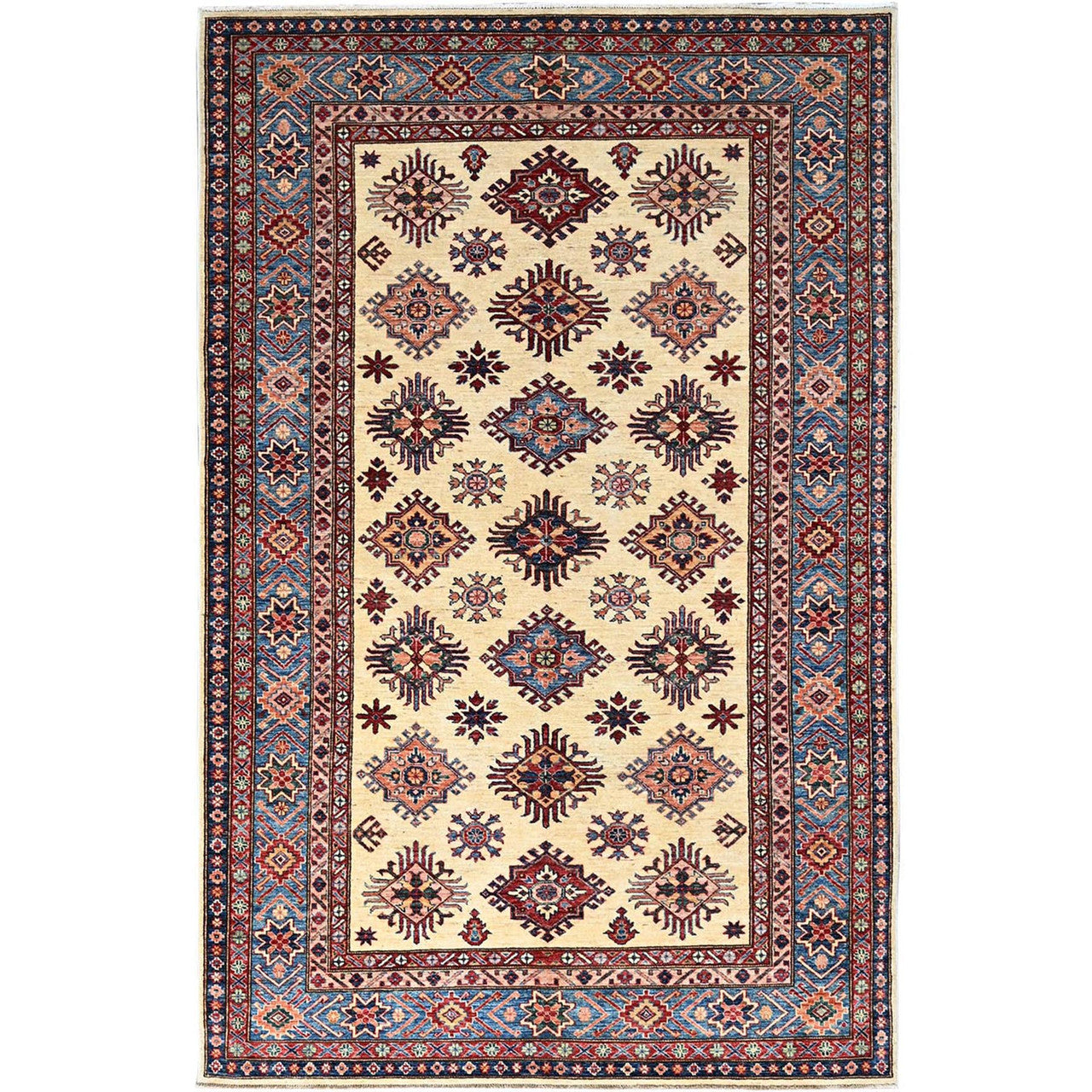 Ivory 5'11" x 9'3" Kazak Hand knotted Wool Rug - Sku: O086559