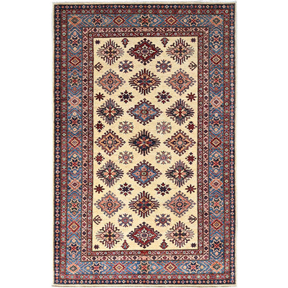 Kazak Wool Hand Knotted Rug Ivory Blue 5.11X9.3 -O086559