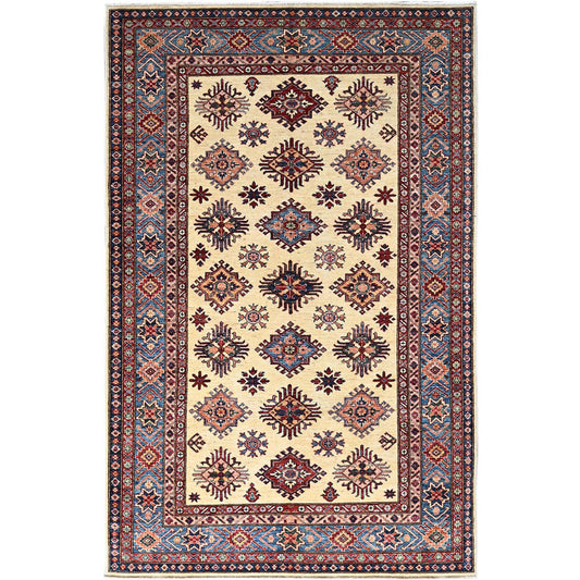 Kazak Wool Hand Knotted Rug Ivory Blue 5.11X9.3 -O086559
