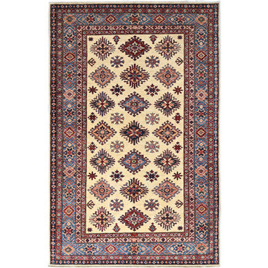Kazak Wool Hand Knotted Rug Ivory Blue 5.11X9.3 -O086559