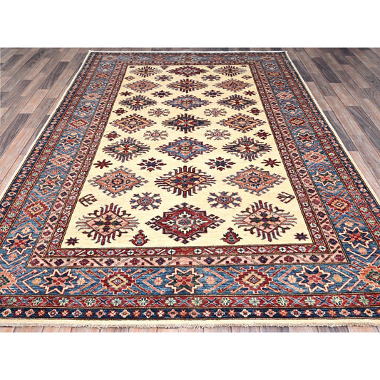 Kazak Wool Hand Knotted Rug Ivory Blue 5.11X9.3 -O086559