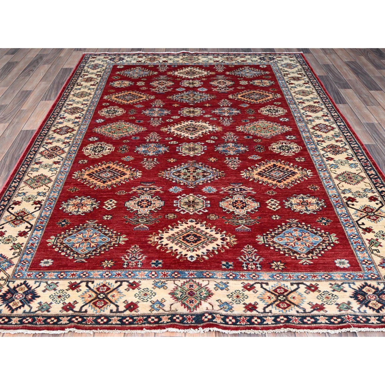 Red 6'0" x 8'8" Kazak Hand knotted Wool Rug - Sku: O086560