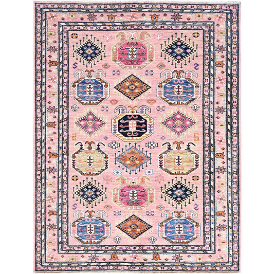 Kazak Wool Hand Knotted Rug Pink Ivory 5.1X6.7 -O086569