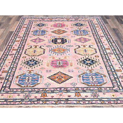 Kazak Wool Hand Knotted Rug Pink Ivory 5.1X6.7 -O086569
