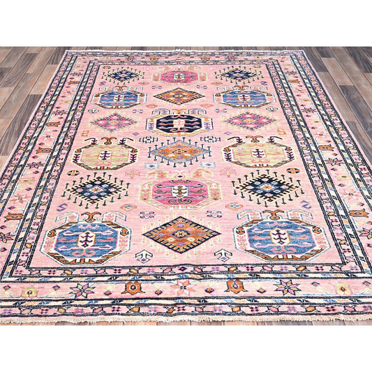 Kazak Wool Hand Knotted Rug Pink Ivory 5.1X6.7 -O086569