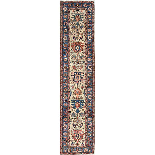 Heriz Wool Hand Knotted Rug Green Blue 2.7X12.3 -O086591