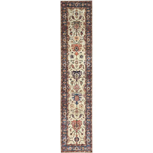 Heriz Wool Hand Knotted Rug Green Blue 2.10X13.9 -O086594