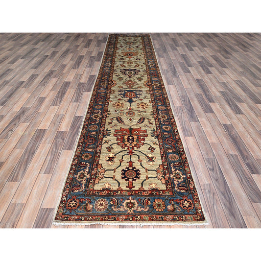 Heriz Wool Hand Knotted Rug Green Blue 2.10X13.9 -O086594