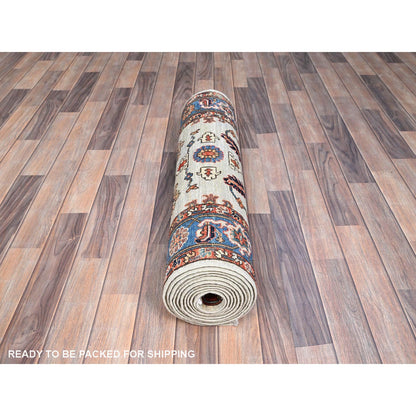 Heriz Wool Hand Knotted Rug Green Blue 2.10X13.9 -O086594