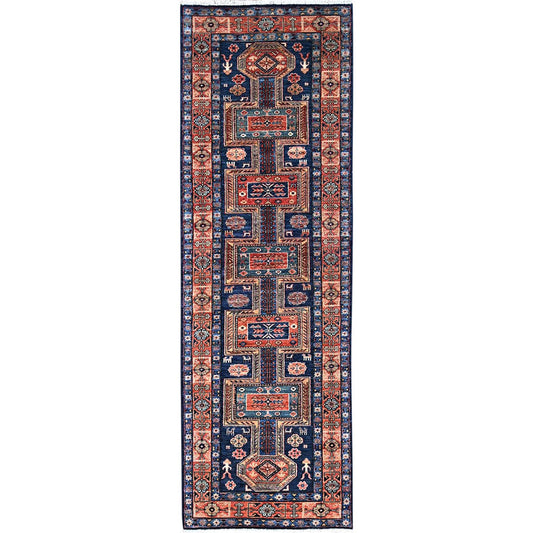 Tribal & Geometric Wool Hand Knotted Rug Orange Blue 2.9X9.1 -O086604