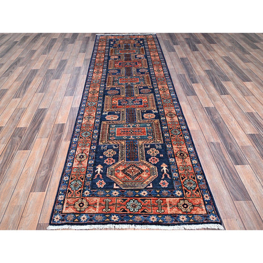 Tribal & Geometric Wool Hand Knotted Rug Orange Blue 2.9X9.1 -O086604