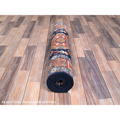 Tribal & Geometric Wool Hand Knotted Rug Orange Blue 2.9X9.1 -O086604