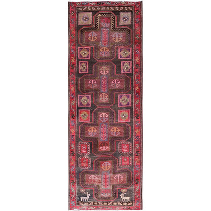 Overdyed & Vintage Wool Hand Knotted Rug Multicolored Red 3.2X9.6 -O086625