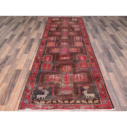Overdyed & Vintage Wool Hand Knotted Rug Multicolored Red 3.2X9.6 -O086625