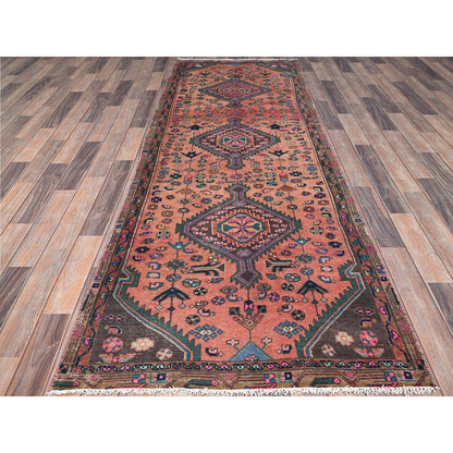 Overdyed & Vintage Wool Hand Knotted Rug Multicolored Brown 3.2X9.3 -O086630