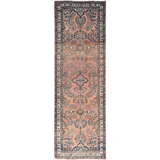 Overdyed & Vintage Wool Hand Knotted Rug Red Ivory 3.5X10.2 -O086642
