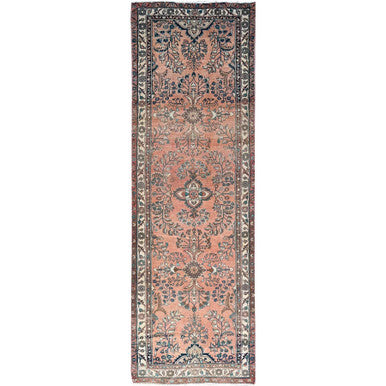 Overdyed & Vintage Wool Hand Knotted Rug Red Ivory 3.5X10.2 -O086642