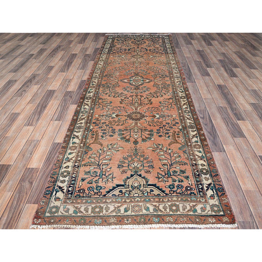 Overdyed & Vintage Wool Hand Knotted Rug Red Ivory 3.5X10.2 -O086642