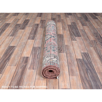 Overdyed & Vintage Wool Hand Knotted Rug Red Ivory 3.5X10.2 -O086642