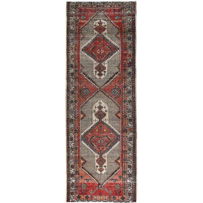 Overdyed & Vintage Wool Hand Knotted Rug Red Ivory 3.9X10.10 -O086644